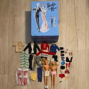 1963 Barbie Blonde Doll Duo with Blue Illustrated Box and Assorted Outfits